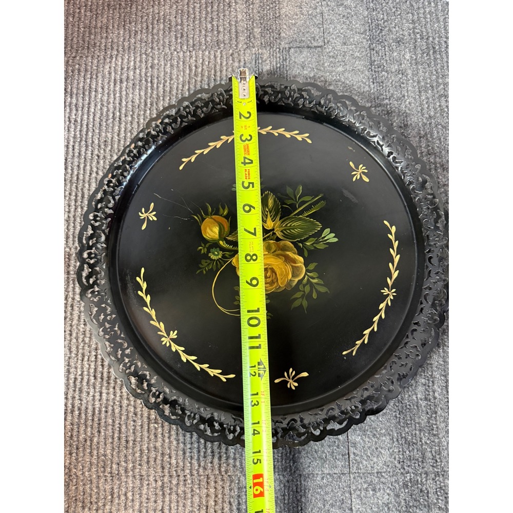 Vintage 1959 Toleware Hand Painted Yellow Rose Black Metal Pierced Gallery Tray - Picture 4 of 5
